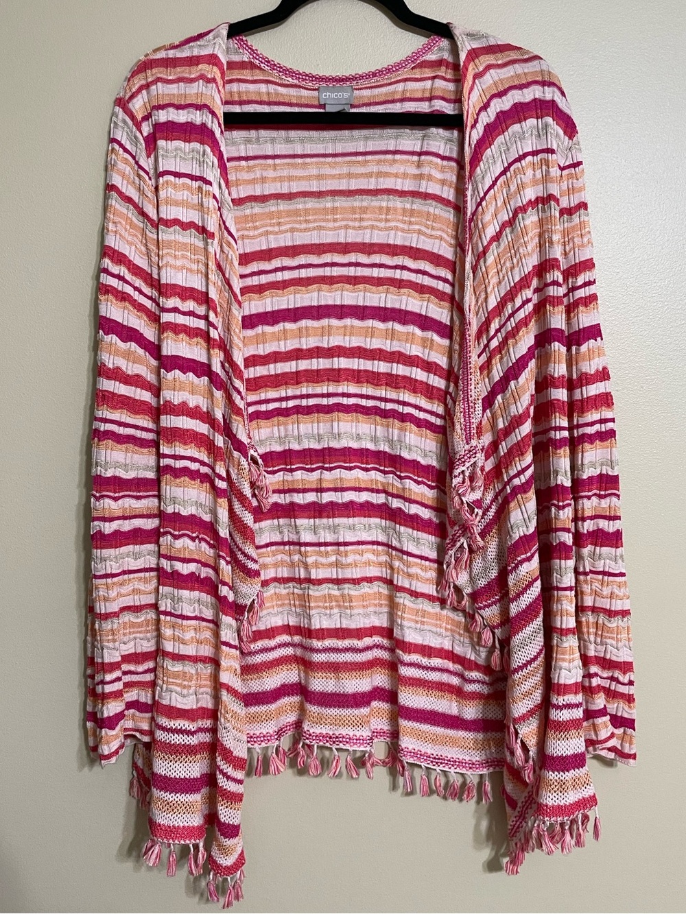 Chico’s Stripe Cardigan colorful spring summer tassels size XXL